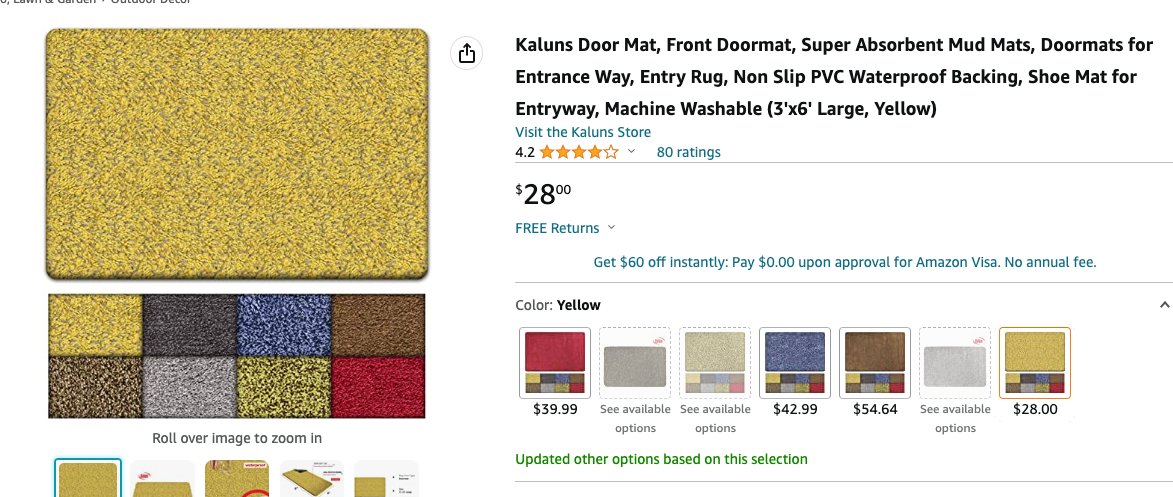 Kaluns Door Mat, Front Doormat, Super Absorbent Mud Mats, Doormats for Entrance Way, Entry Rug, Non Slip PVC Waterproof Backing, Shoe Mat for Entryway, Machine Washable (18x28 YELLOW)