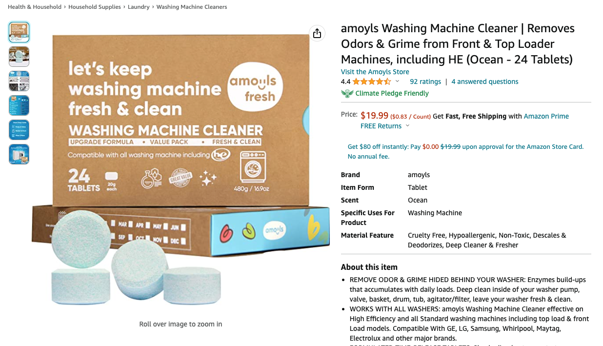 amoyls Washing Machine Cleaner | Removes Odors & Grime from Front & Top Loader Machines, including HE (Ocean - 24 Tablets)