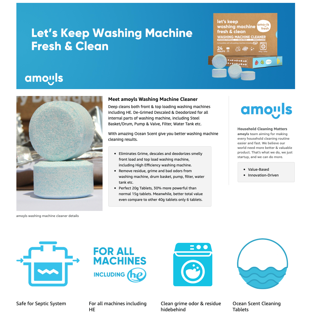 amoyls Washing Machine Cleaner | Removes Odors & Grime from Front & Top Loader Machines, including HE (Ocean - 24 Tablets)