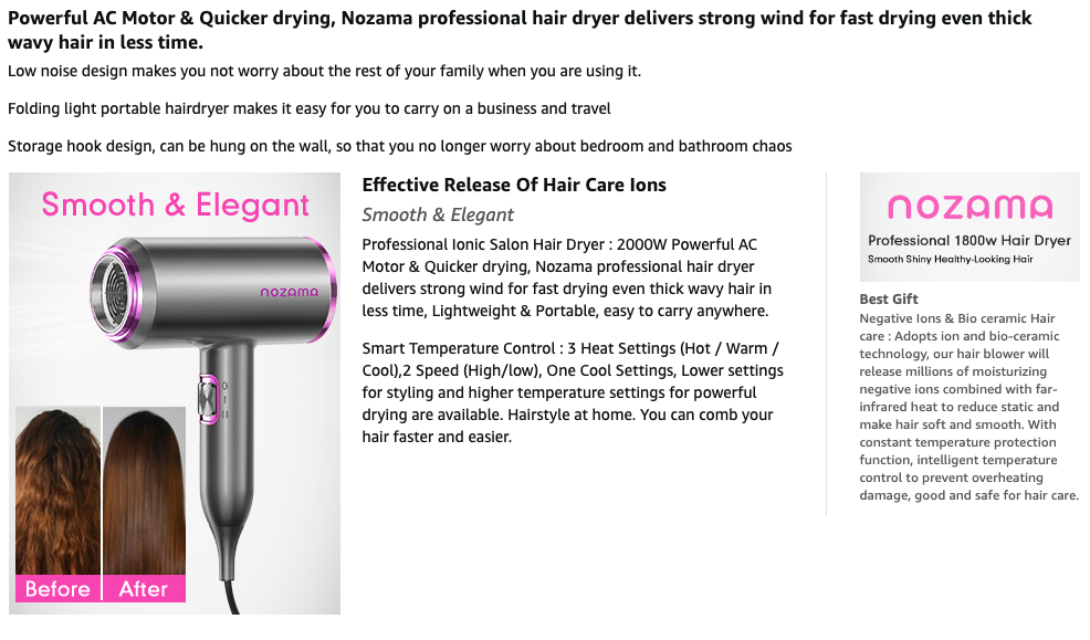 Ionic Hair Dryer, Nozama 1800W Professional Hair Blow Dryers with 3 Heat Setting