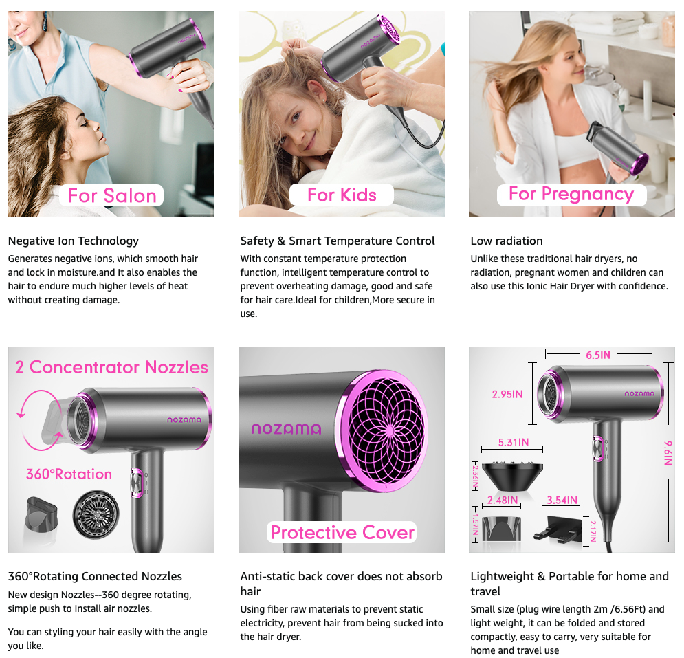 Ionic Hair Dryer, Nozama 1800W Professional Hair Blow Dryers with 3 Heat Setting