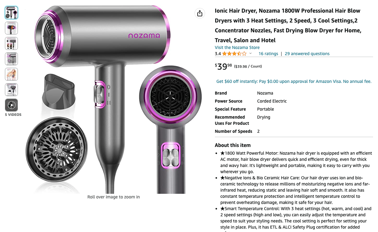 Ionic Hair Dryer, Nozama 1800W Professional Hair Blow Dryers with 3 Heat Setting