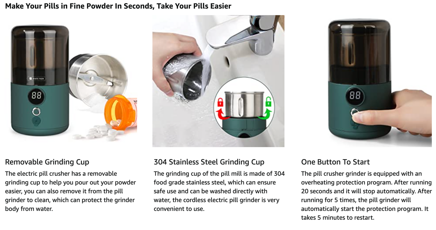 55% off Electric Pill Crusher Grinder, White Tiger Cordless Pulverizer, Grind and Pulverize Pills to Fine Powder for Feeding, Kids or Pets - Food Grade Removable Stainless Steel Grinding Cup with Brush, Spoon