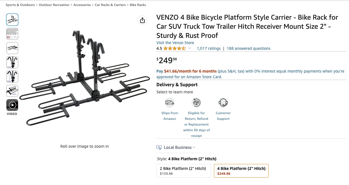 $60 off! VENZO 4 Bike Bicycle Platform Style Carrier - Bike Rack for Car SUV Truck Tow Trailer Hitch Receiver Mount Size 2" - Sturdy & Rust Proof