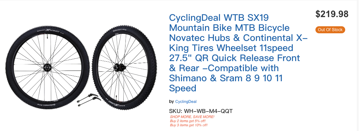 WTB SX19 Mountain Bike MTB Bicycle Novatec Hubs & Continental X-King Tires Wheelset 11speed 27.5" QR Quick Release Front & Rear -Compatible with Shimano & Sram 8 9 10 11 Speed