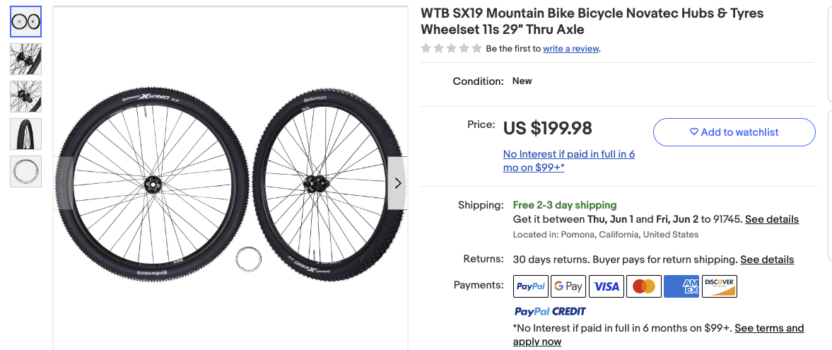 WTB SX19 Mountain Bike Bicycle Novatec Hubs & Tyres Wheelset 11s 29" Thru Axle