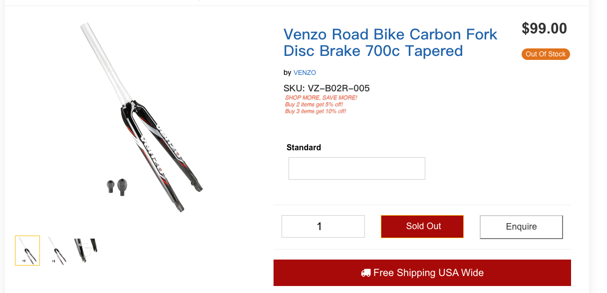 $33 off!!! Venzo Road Bike Carbon Fork Disc Brake 700c Tapered! free shipping!