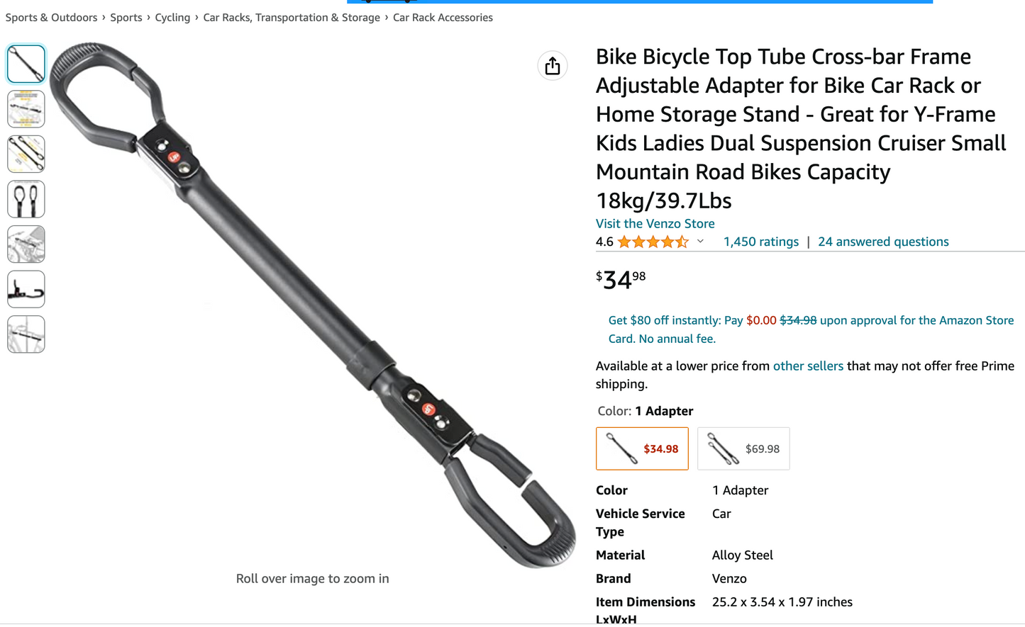 $7 off!!! Bike Bicycle Top Tube Cross-bar Frame Adjustable Adapter for Bike Car Rack or Home Storage Stand - Great for Y-Frame Kids Ladies Dual Suspension Cruiser Small Mountain Road Bikes Capacity 18kg/39.7Lbs