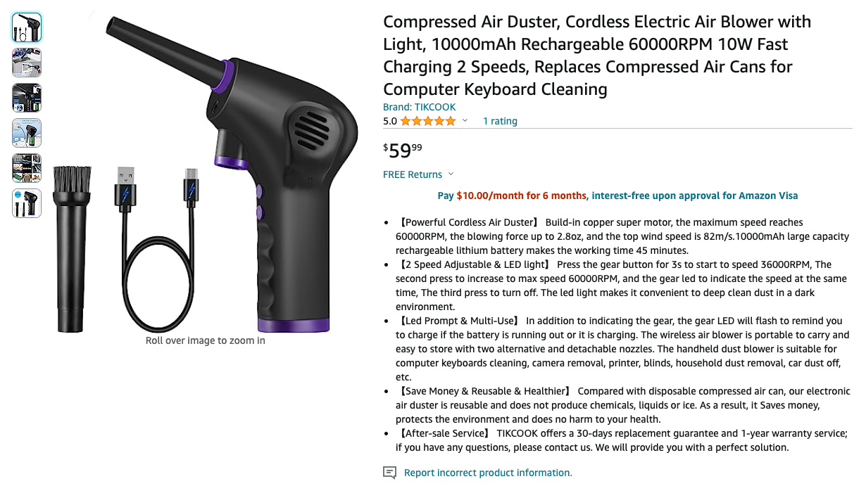 $23 off! Compressed Air Duster, Cordless Electric Air Blower with Light 10000mAh