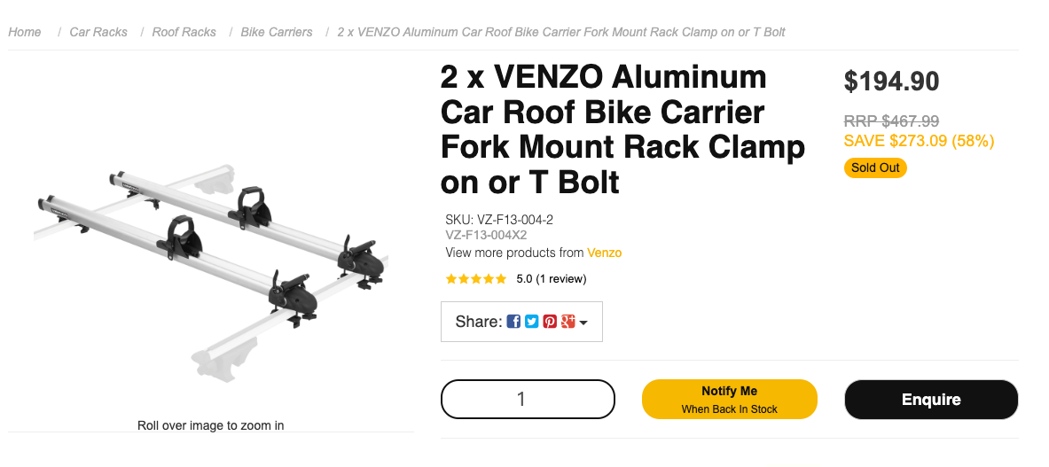 $60 off! VENZO Aluminum Car Roof Bike Carrier Fork Mount Rack Clamp on or T Bolt