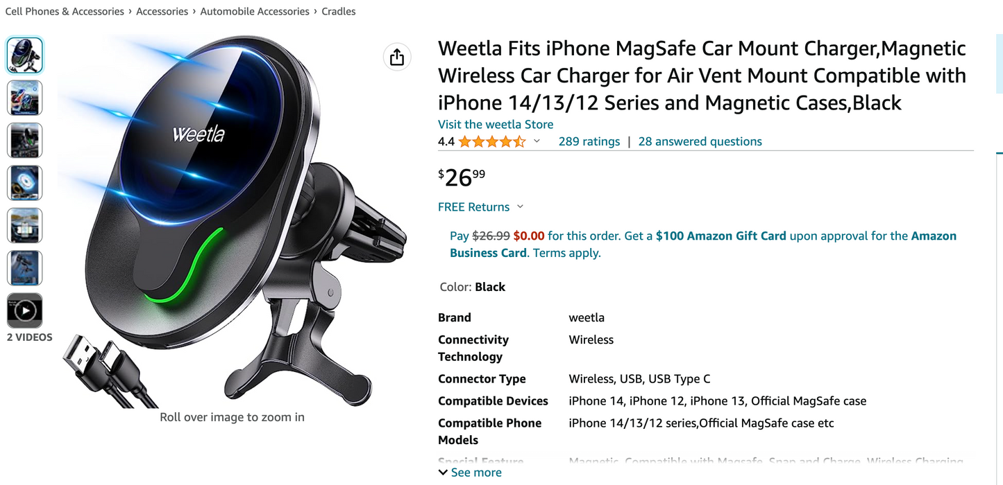 50% off Amazon!!! Weetla Fits iPhone MagSafe Car Mount Charger,Magnetic Wireless Car Charger for Air Vent Mount Compatible with iPhone 14/13/12 Series and Magnetic Cases,Black