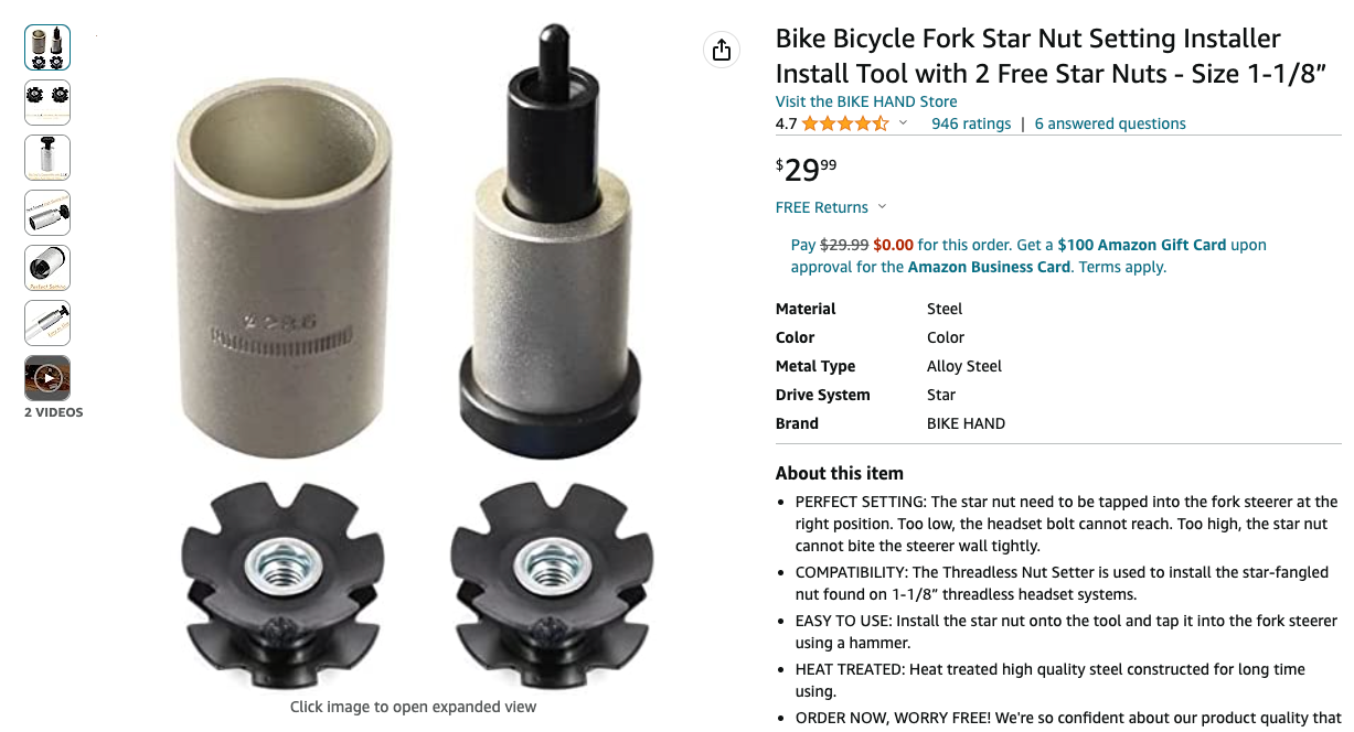 Bike Bicycle Fork Star Nut Setting Installer Install Tool with 2 Free Star Nuts - Size 1-1/8”