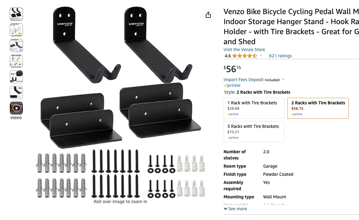 $5 off!!! Venzo Bike Bicycle Cycling Pedal Wall Mount Indoor Storage Hanger Stand - Hook Rack Holder - with Tire Brackets - Great for Garage and Shed