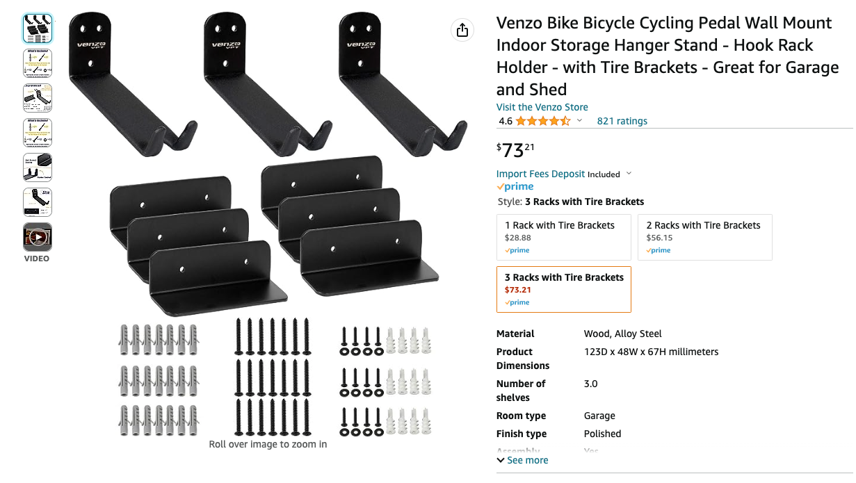 $5 off!!! Venzo Bike Bicycle Cycling Pedal Wall Mount Indoor Storage Hanger Stand - Hook Rack Holder - with Tire Brackets - Great for Garage and Shed