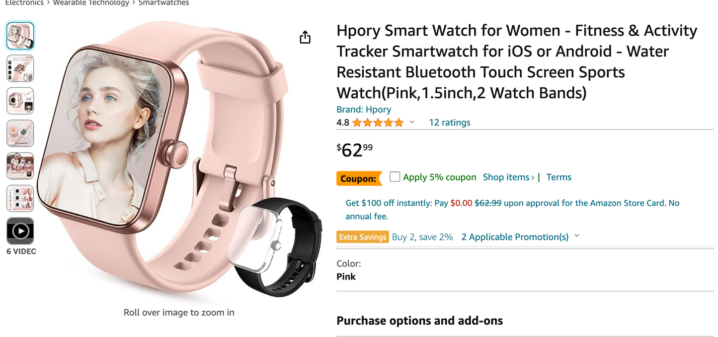 Hpory Smart Watch for Women - Fitness & Activity Tracker Smartwatch for iOS or Android - Water Resistant Bluetooth Touch Screen Sports Watch(Pink,1.5inch,2 Watch Bands)