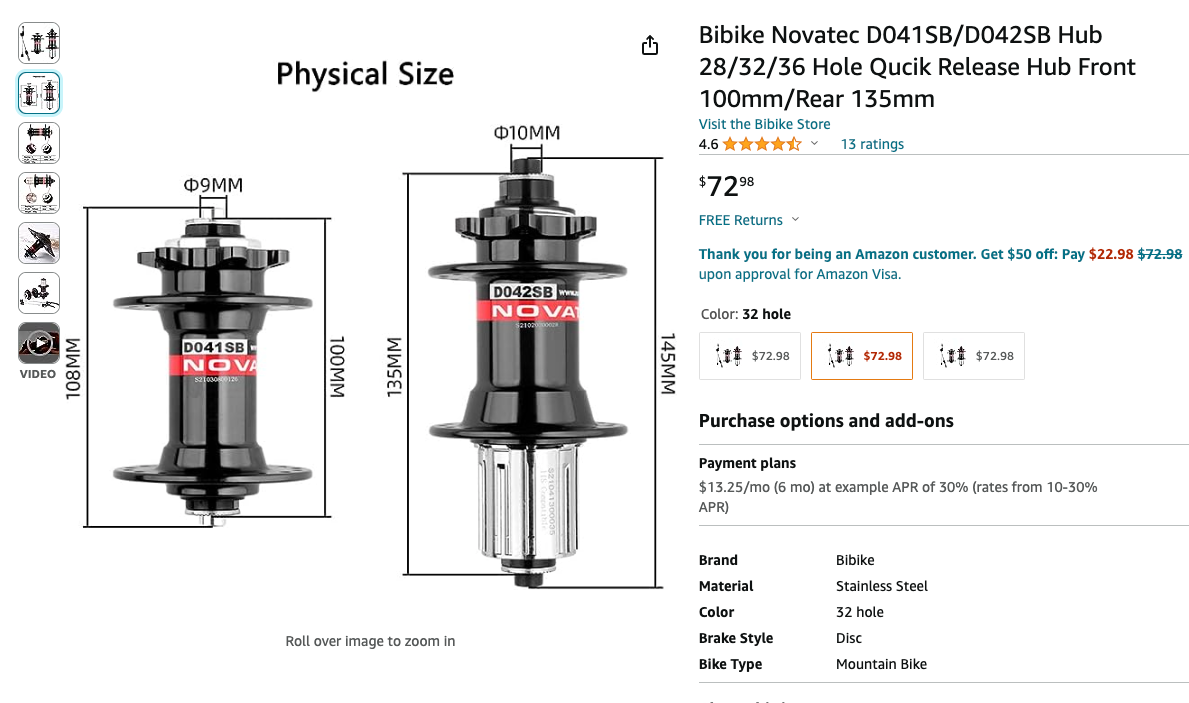 Novatec D041SB/D042SB Hub 32 Hole Qucik Release Hub Front 100mm/Rear 135mm