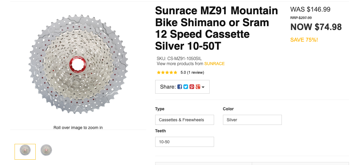 Sunrace MZ91 Mountain Bike HG 12 Speed Cassette Silver 10-50T