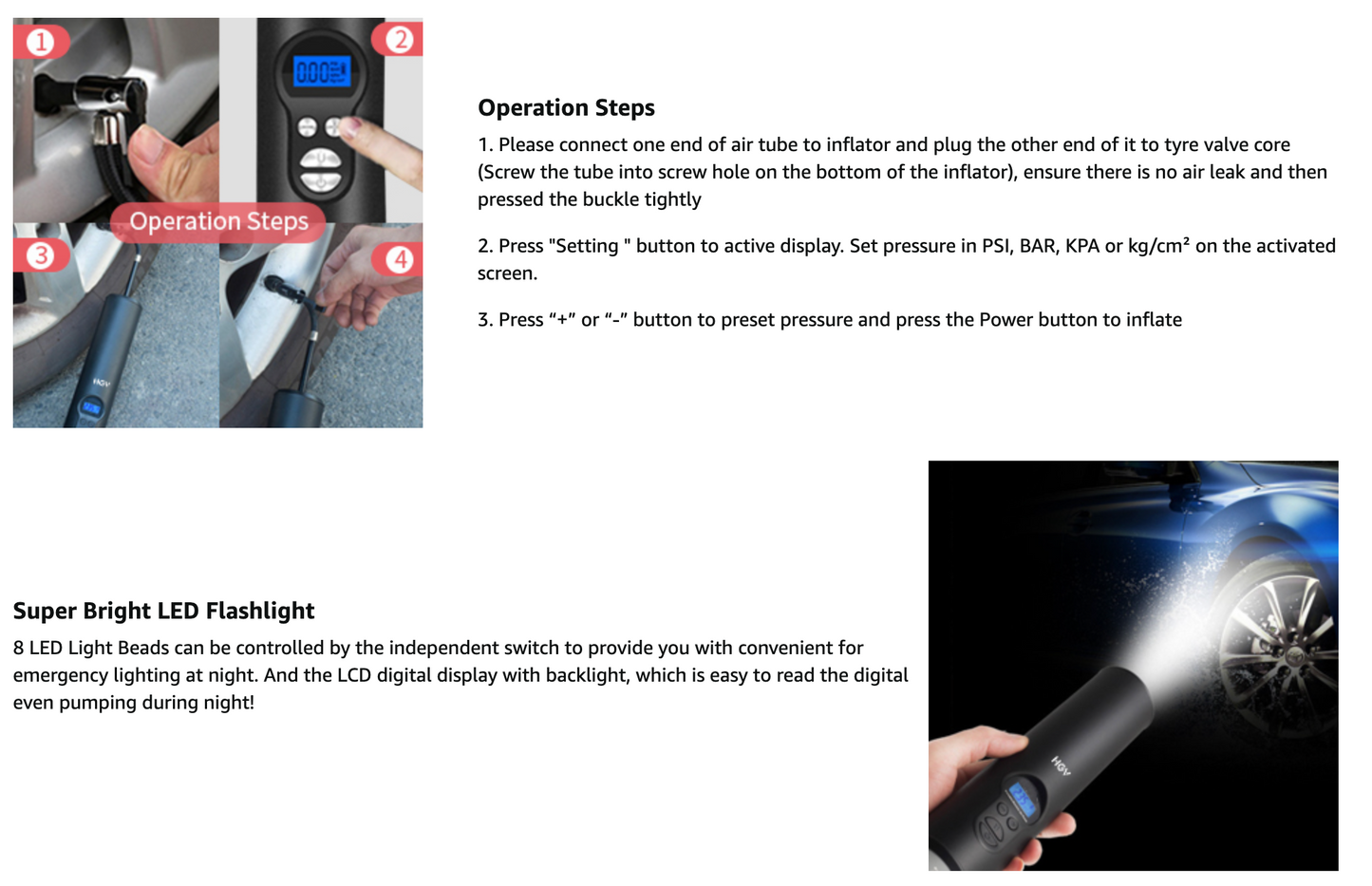 HGV Mini Tire Inflator Digital Portable Air Compressor 12V, Wireless Version 2000mAh Rechargeable Lithium ion Battery, Suitable for car/Bicycle air Pump, with LED Lighting