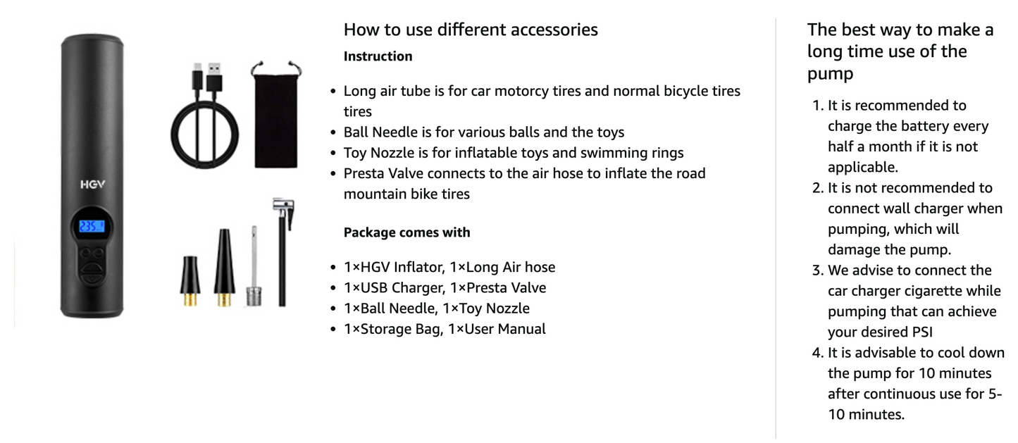 HGV Mini Tire Inflator Digital Portable Air Compressor 12V, Wireless Version 2000mAh Rechargeable Lithium ion Battery, Suitable for car/Bicycle air Pump, with LED Lighting