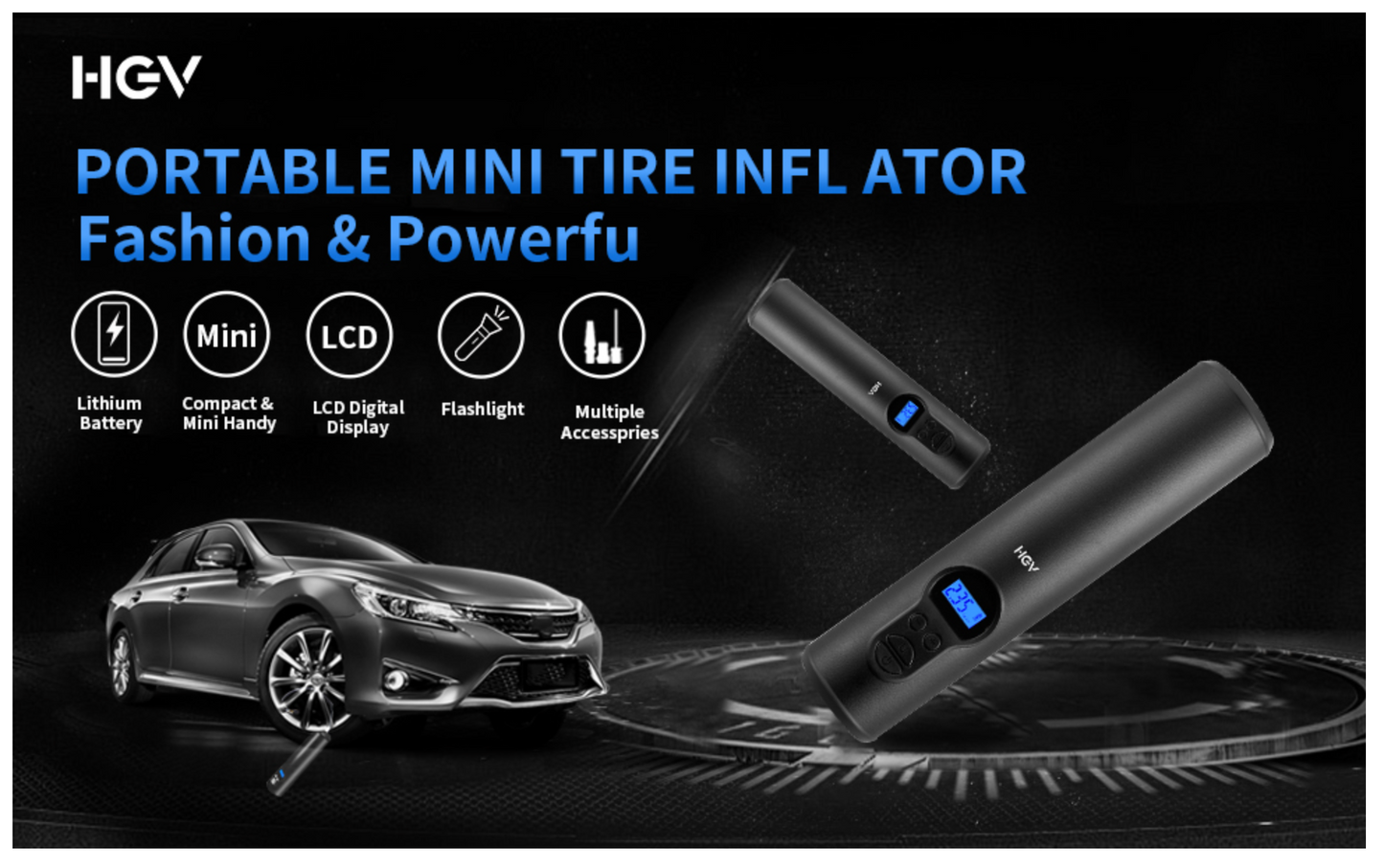 HGV Mini Tire Inflator Digital Portable Air Compressor 12V, Wireless Version 2000mAh Rechargeable Lithium ion Battery, Suitable for car/Bicycle air Pump, with LED Lighting