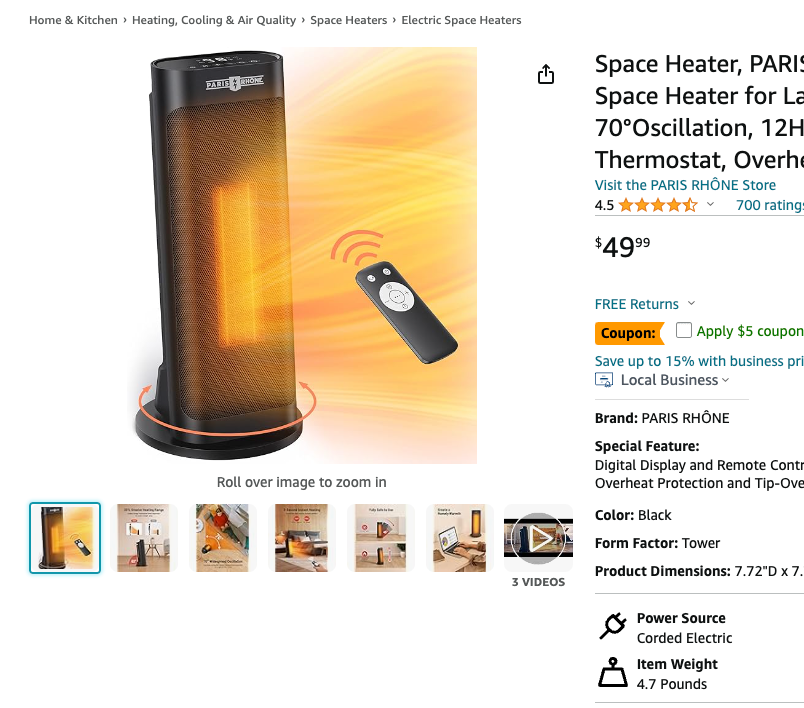 $6 off!!! Space Heater, PARIS RHÔNE 1500W 24" Portable Electric Space Heater for Large Room, Fast Heating, Remote, 70°Oscillation, 12H Timer, ECO Mode, Heater with Thermostat, Overheating &Tip-Over Protection