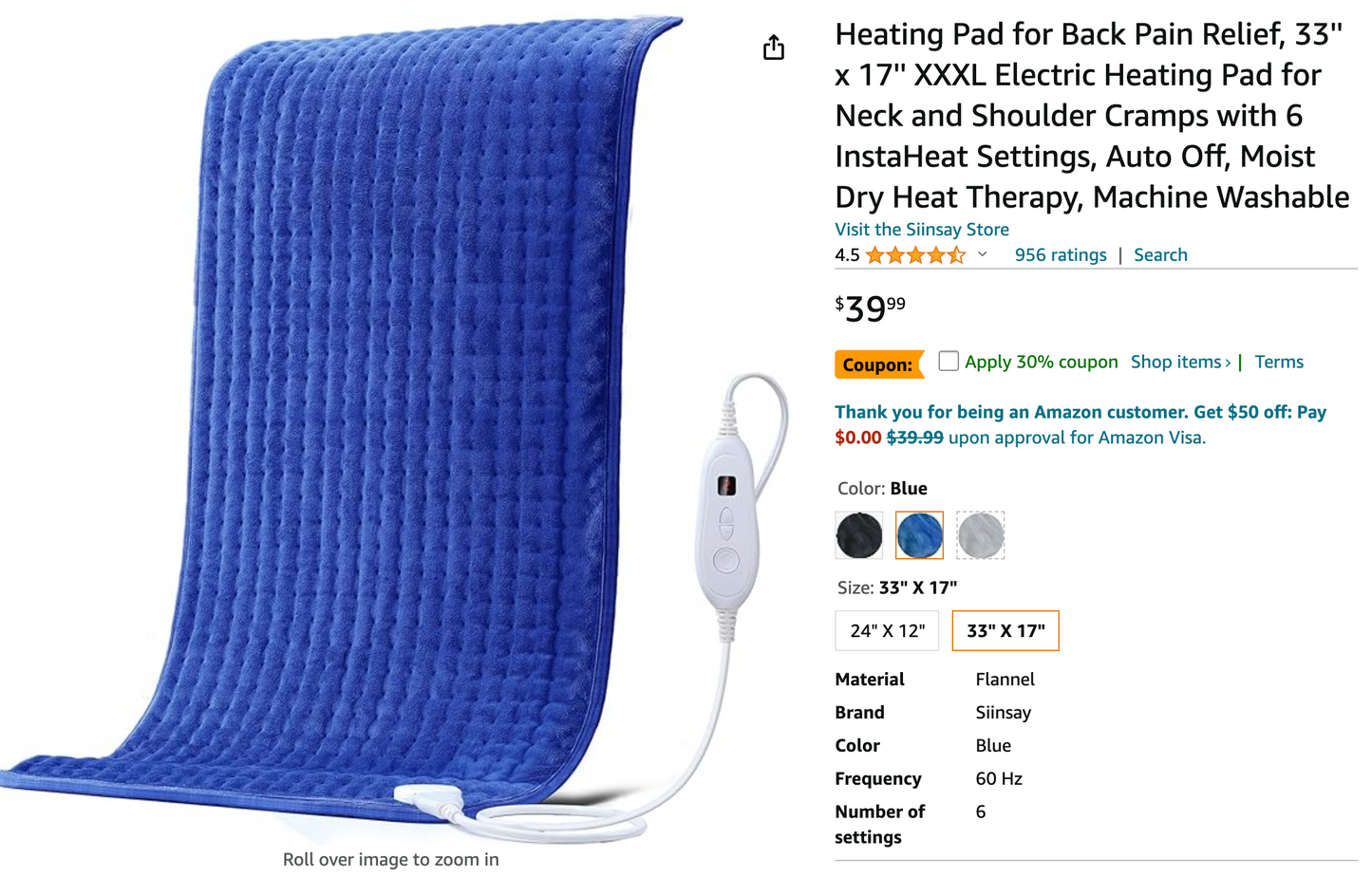 Heating Pad for Back Pain Relief, 33'' x 17'' XXXL Electric Heating Pad for Neck and Shoulder Cramps with 6 InstaHeat Settings, Auto Off, Moist Dry Heat Therapy, Machine Washable