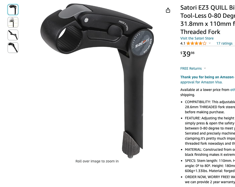 Satori EZ3 QUILL Bike Bicycle Riser Extension Tool-Less 0-80 Degree Adjustable Stem 31.8mm x 110mm for 1-1/8" / 28.6mm Threaded Fork