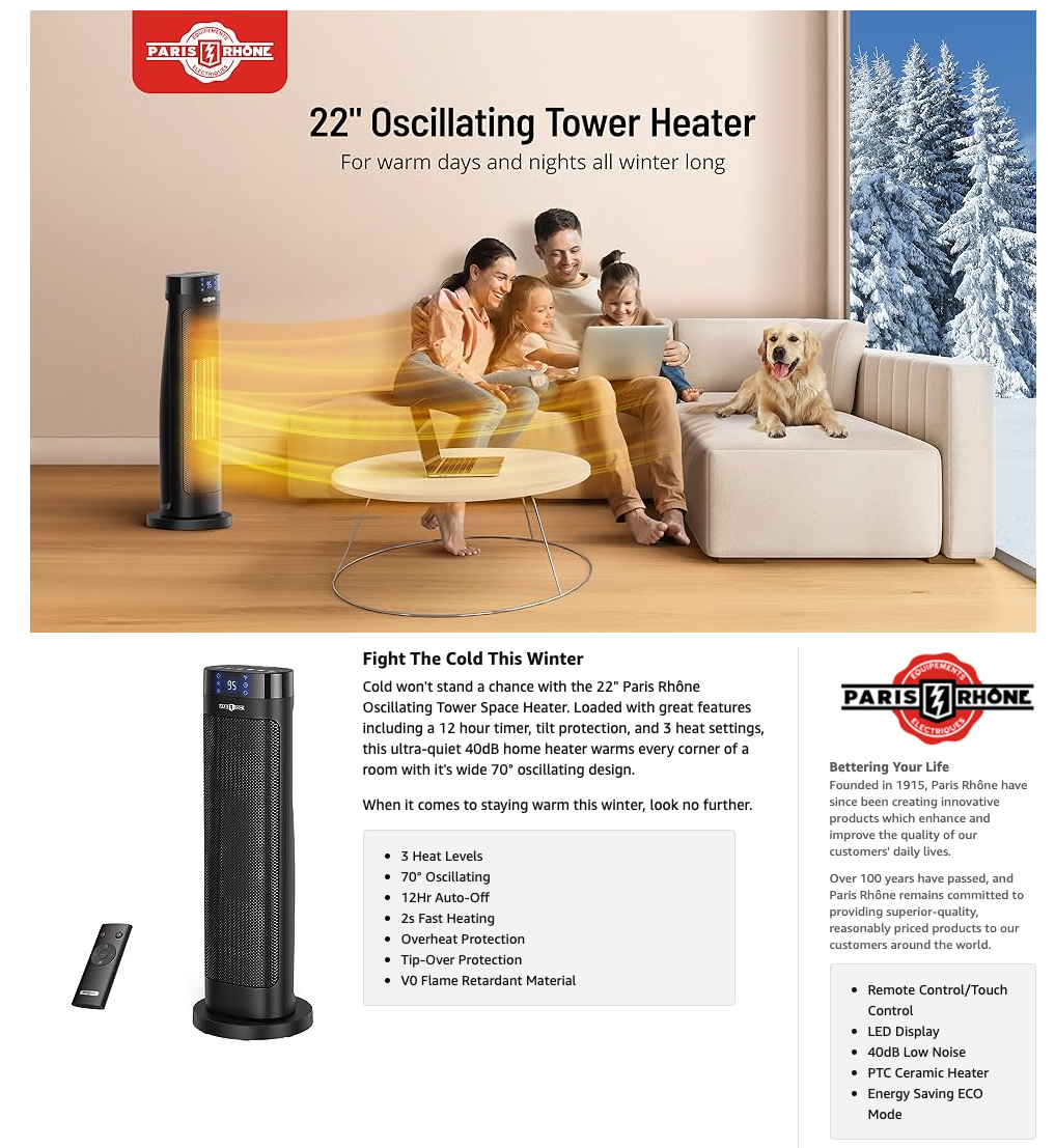 $25 off!!! Space Heater, Paris Rhône 22” Space Heater for Large Room, 1500W Fast Heating Electric Indoor Heater, 70°Oscillating,12h Timer, Portable Heater with Overheat &Tip-Over Protection for Office Bedroom