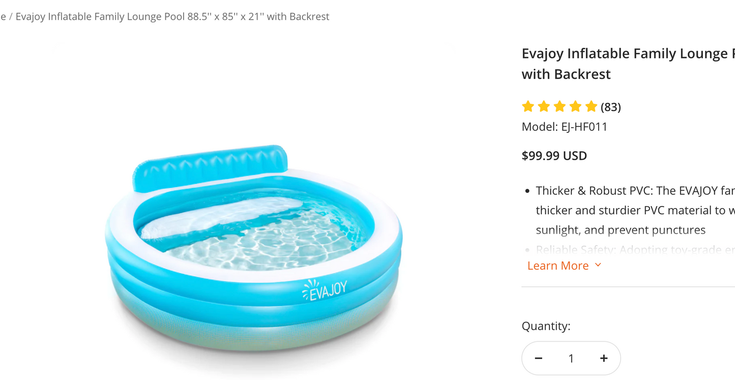 $30 off!!! Evajoy Inflatable Family Lounge Pool 88.5'' x 85'' x 21'' with Backrest