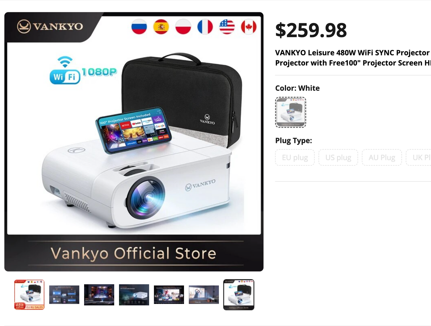 $100 off!!! VANKYO Leisure 480W WiFi Projector, Full HD LCD Native 1080P Projector W/ 100" Projection Screen, Outdoor Movie Projector Support 4K