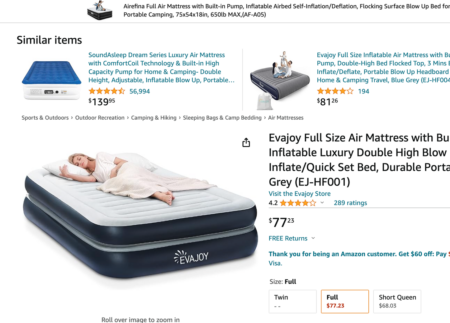 Evajoy Full Size Air Mattress with Built in Pump, 18'' Inflatable Luxury Double High Blow Up Mattress, Easy to Inflate/Quick Set Bed, Durable Portable Waterproof Blue & Grey (EJ-HF001)