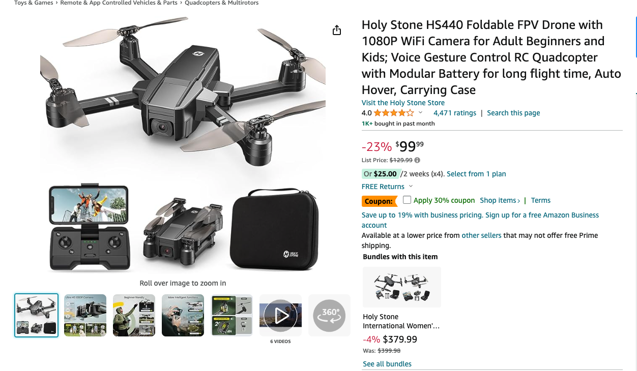 $30 0ff!!! Holy Stone HS440 Foldable FPV Drone with 1080P WiFi Camera for Adult Beginners and Kids; Voice Gesture Control RC Quadcopter with Modular Battery for long flight time, Auto Hover, Carrying Case