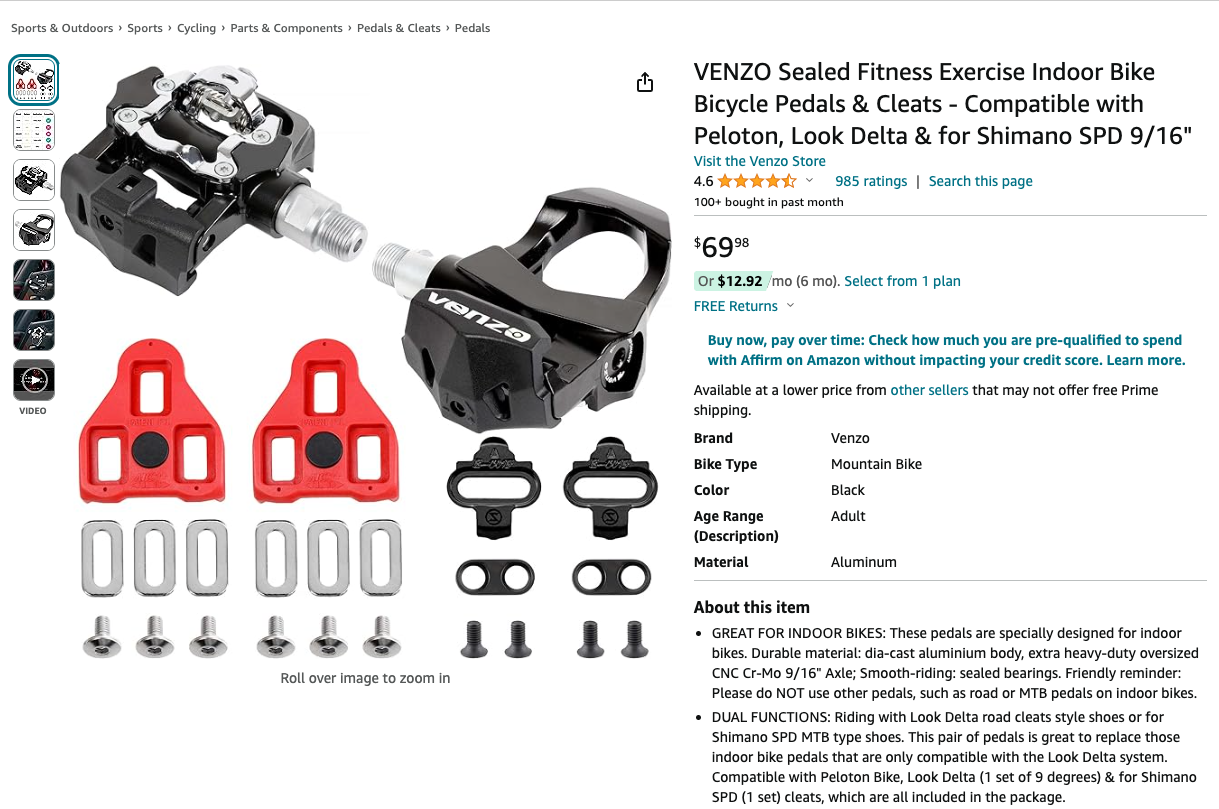 VENZO Sealed Fitness Exercise Indoor Bike Bicycle Pedals & Cleats - Compatible with Peloton, Look Delta & for Shimano SPD 9/16"