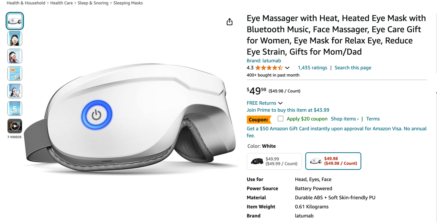 Eye Massager with Heat, Heated Eye Mask with Bluetooth Music, Face Massager, Eye Care Gift for Women, Eye Mask for Relax Eye, Reduce Eye Strain, Gifts for Mom/Dad