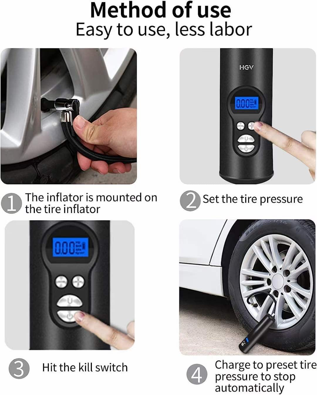 HGV Mini Tire Inflator Digital Portable Air Compressor 12V, Wireless Version 2000mAh Rechargeable Lithium ion Battery, Suitable for car/Bicycle air Pump, with LED Lighting