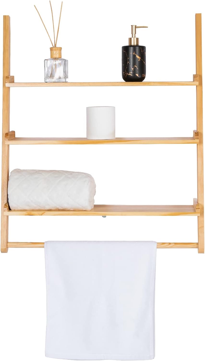 Bloddream Carson 3-Tier Storage Display Shelf, Leaning Solid Wood Storage Rack, Floating Shelf with Towel Bar for Bathroom, Natural Pine Wood