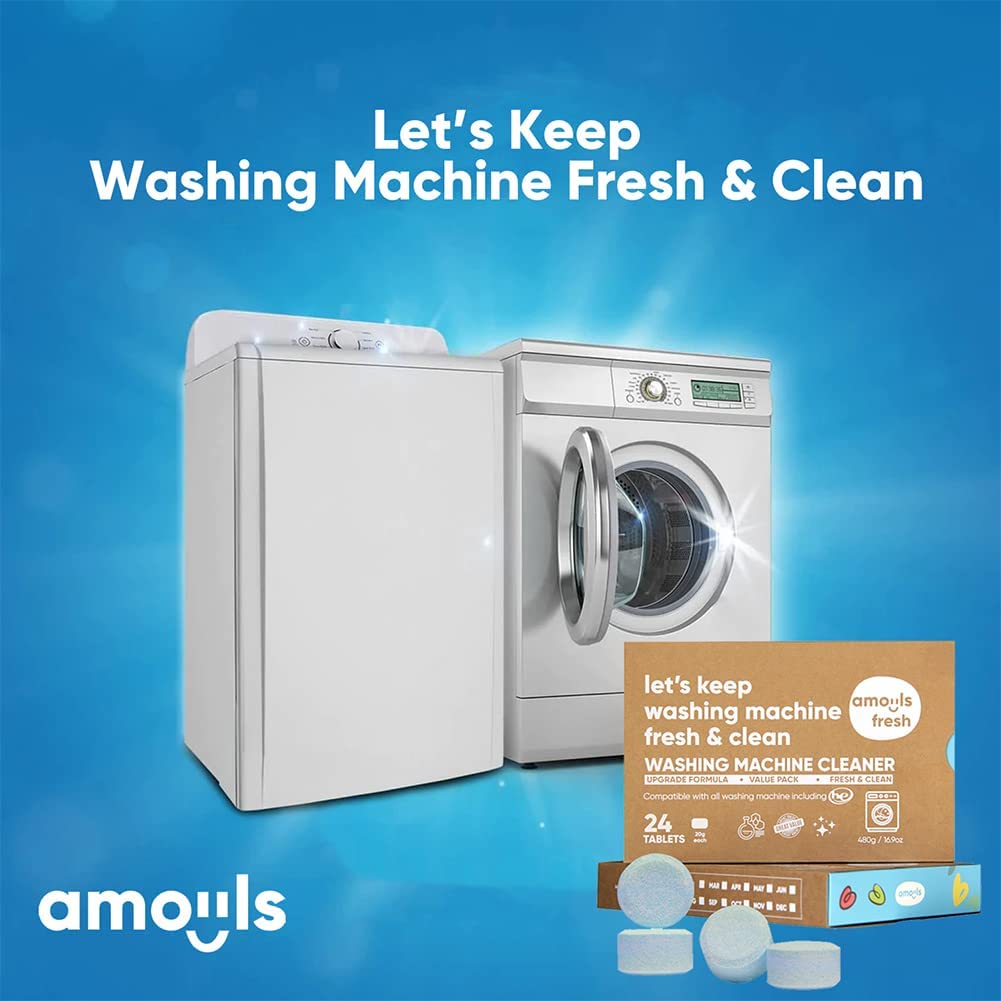 amoyls Washing Machine Cleaner | Removes Odors & Grime from Front & Top Loader Machines, including HE (Ocean - 24 Tablets)