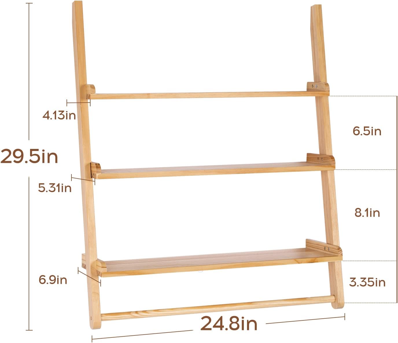 Bloddream Carson 3-Tier Storage Display Shelf, Leaning Solid Wood Storage Rack, Floating Shelf with Towel Bar for Bathroom, Natural Pine Wood