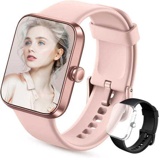 Hpory Smart Watch for Women - Fitness & Activity Tracker Smartwatch for iOS or Android - Water Resistant Bluetooth Touch Screen Sports Watch(Pink,1.5inch,2 Watch Bands)