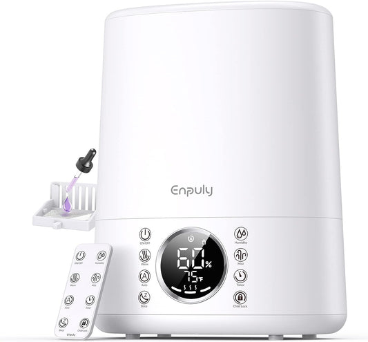 ENPULY 6L Top Fill Warm and Cool Mist Humidifiers for Bedroom/Large Room(Max 861sq.ft), 12 Levels Dual Mists Air Humidifier, Essential Oil Tray, Sleep Mode, 12 Hrs Timer, Child Lock(White)