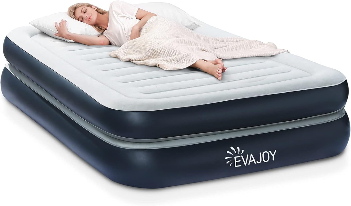 Evajoy Full Size Air Mattress with Built in Pump, 18'' Inflatable Luxury Double High Blow Up Mattress, Easy to Inflate/Quick Set Bed, Durable Portable Waterproof Blue & Grey (EJ-HF001)