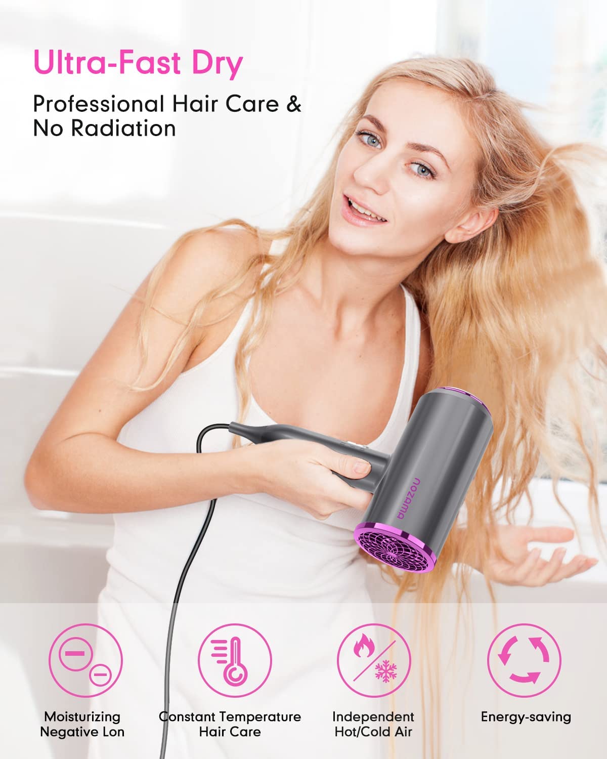 Ionic Hair Dryer, Nozama 1800W Professional Hair Blow Dryers with 3 Heat Setting