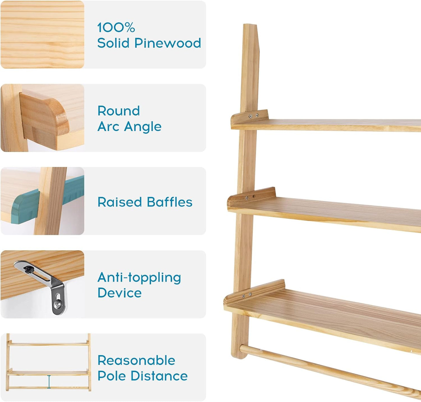 Bloddream Carson 3-Tier Storage Display Shelf, Leaning Solid Wood Storage Rack, Floating Shelf with Towel Bar for Bathroom, Natural Pine Wood