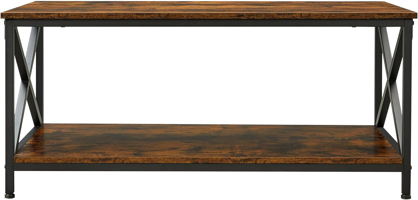 Coffee Table, Cocktail Table with Storage Shelf and X-Shape Steel Frame, Industrial Farmhouse Style, 39.4 x 21.7 x 17.7 Inches, Rustic Brown and Black