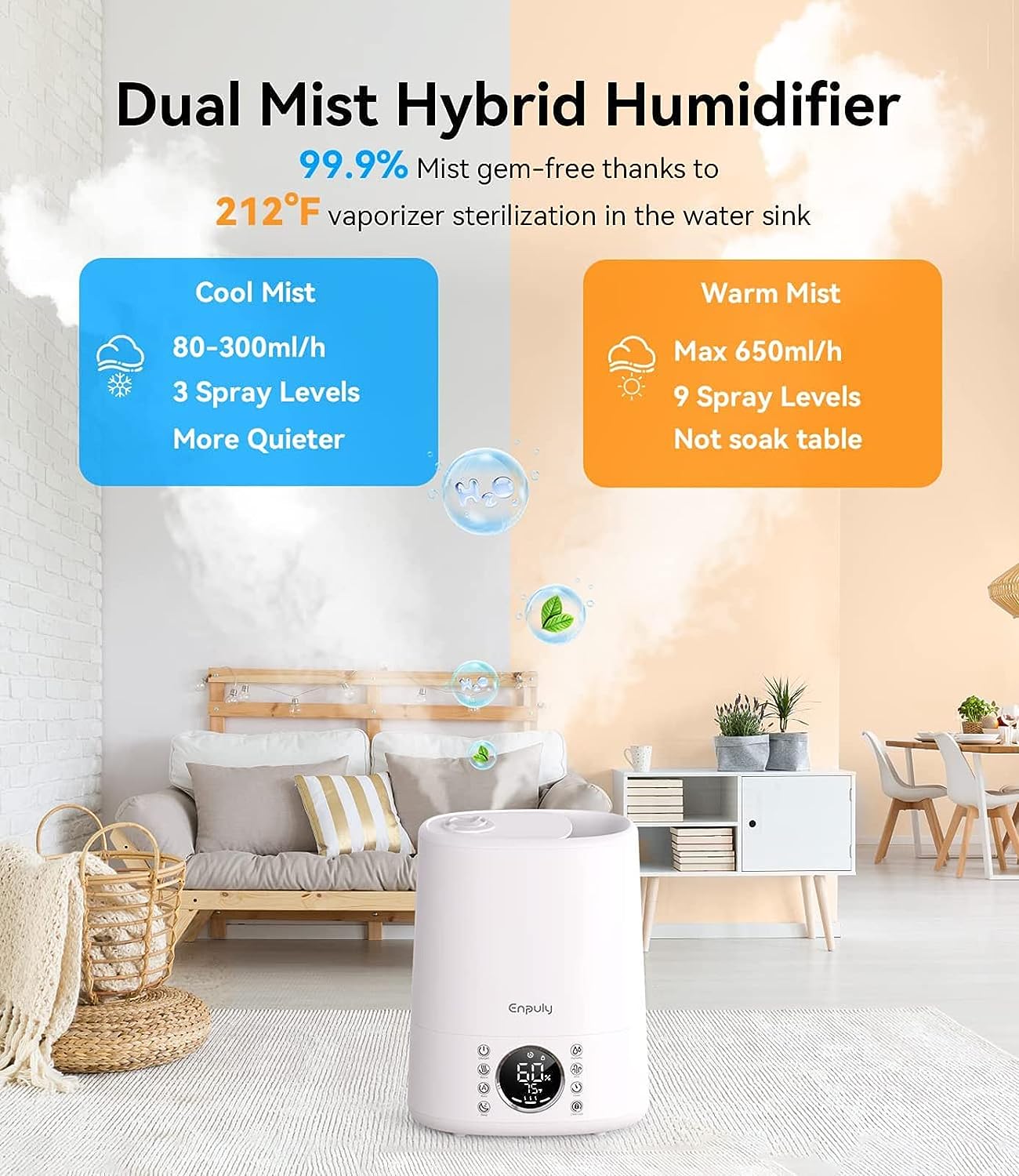 ENPULY 6L Top Fill Warm and Cool Mist Humidifiers for Bedroom/Large Room(Max 861sq.ft), 12 Levels Dual Mists Air Humidifier, Essential Oil Tray, Sleep Mode, 12 Hrs Timer, Child Lock(White)