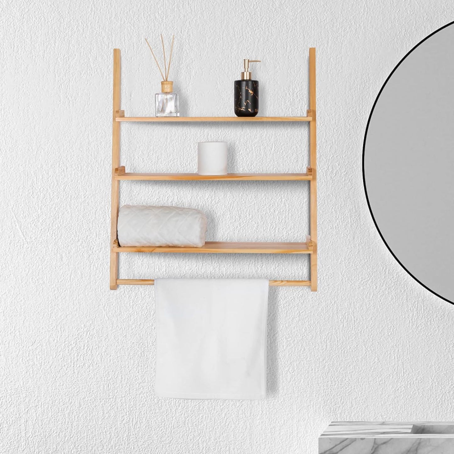 Bloddream Carson 3-Tier Storage Display Shelf, Leaning Solid Wood Storage Rack, Floating Shelf with Towel Bar for Bathroom, Natural Pine Wood