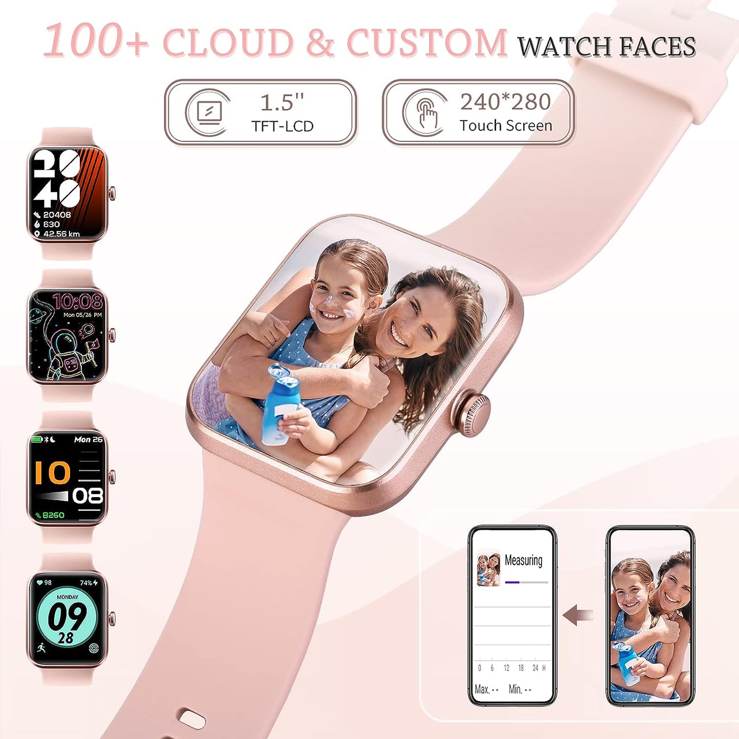 Hpory Smart Watch for Women - Fitness & Activity Tracker Smartwatch for iOS or Android - Water Resistant Bluetooth Touch Screen Sports Watch(Pink,1.5inch,2 Watch Bands)