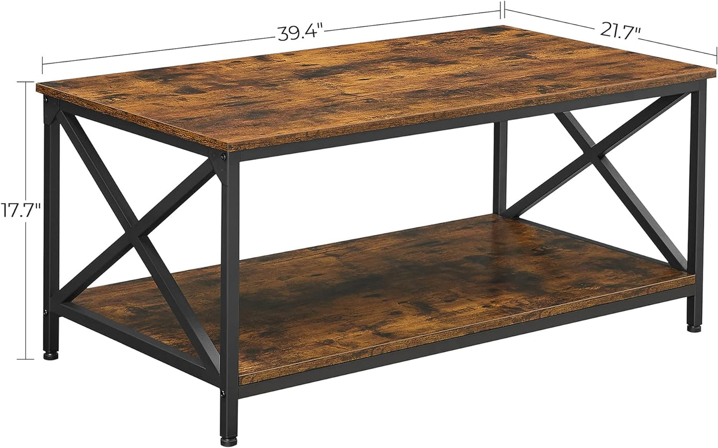 Coffee Table, Cocktail Table with Storage Shelf and X-Shape Steel Frame, Industrial Farmhouse Style, 39.4 x 21.7 x 17.7 Inches, Rustic Brown and Black