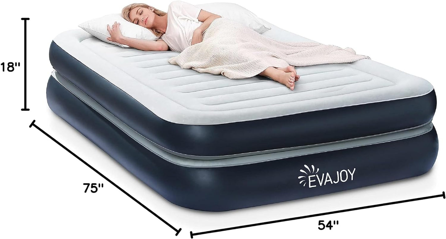 Evajoy Full Size Air Mattress with Built in Pump, 18'' Inflatable Luxury Double High Blow Up Mattress, Easy to Inflate/Quick Set Bed, Durable Portable Waterproof Blue & Grey (EJ-HF001)