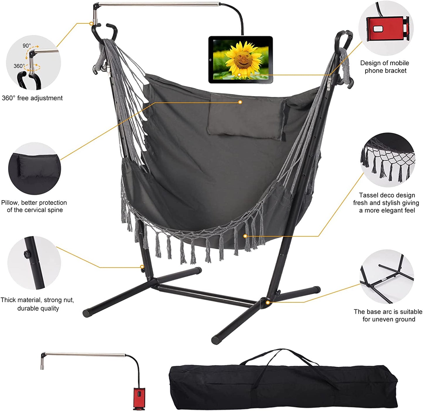 Hammock with Stand Phone Holder Included Double Hanging Chair Macrame Boho Handmade Adjustable Swing Indoor Outdoor Patio Yard Garden Porch 400lbs Capacity (2022 Grey)